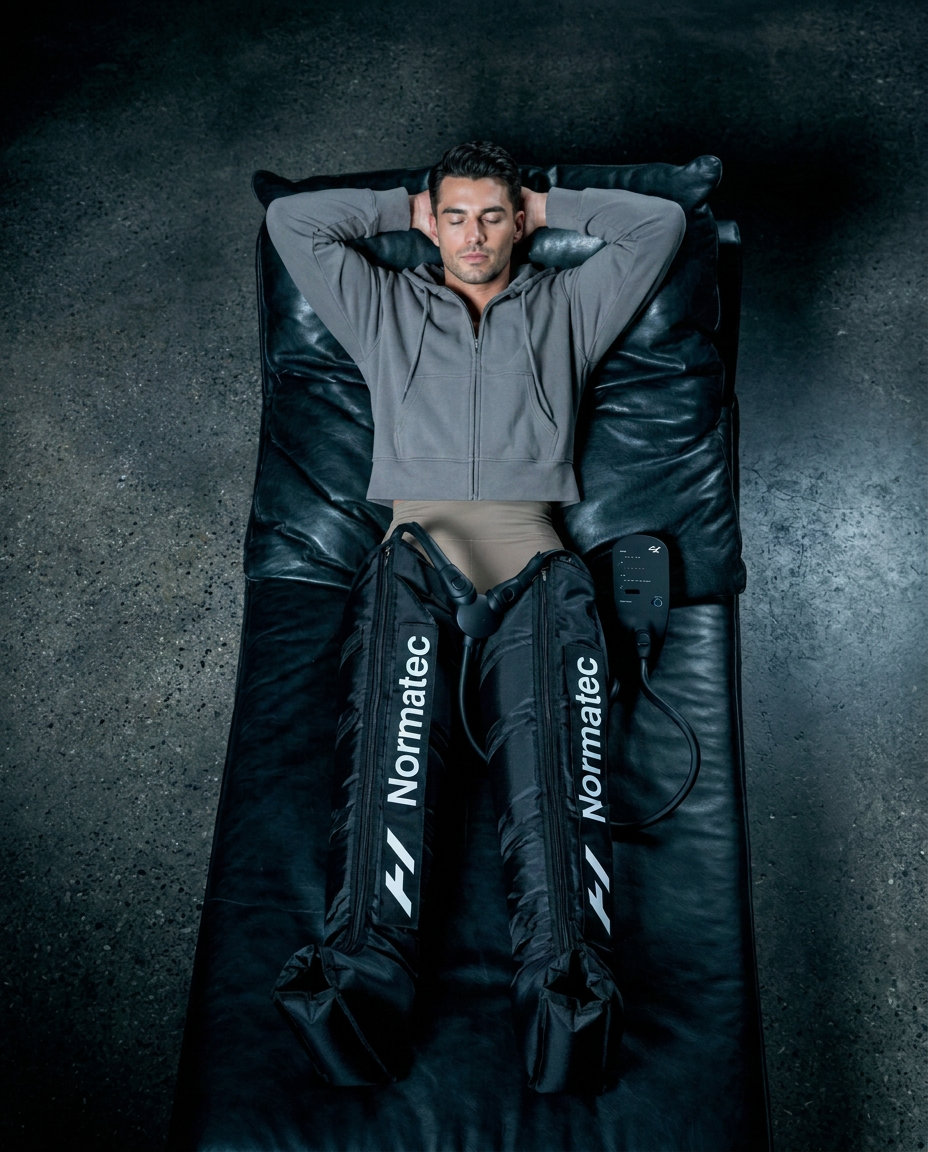 Normatec compression boots wrapped around a client's legs during a recovery session
